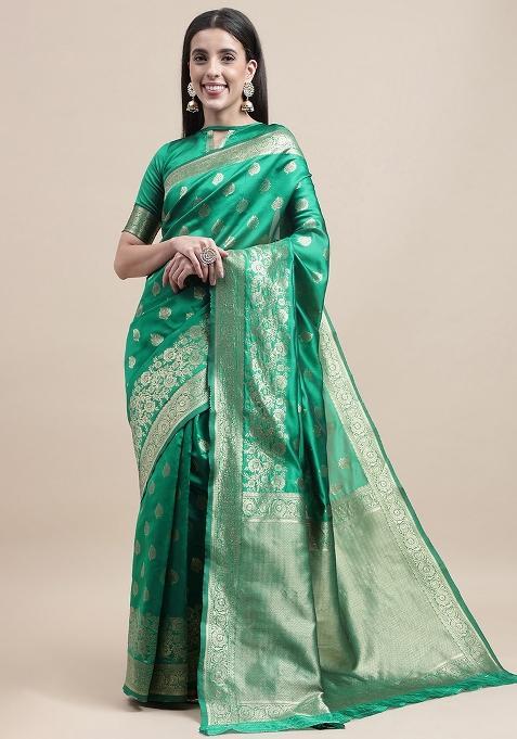 Green Embroidered Silk Saree Set
