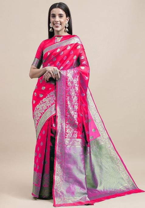 Pink Embroidered Silk Saree Set