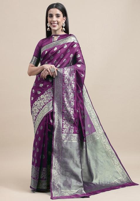 Purple Embroidered Silk Saree Set