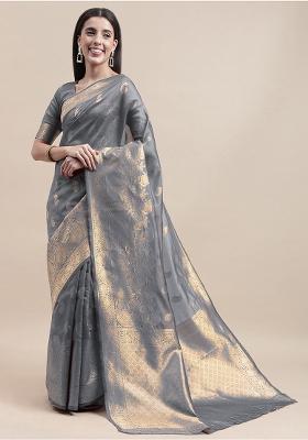 Grey Embroidered Silk Saree Set