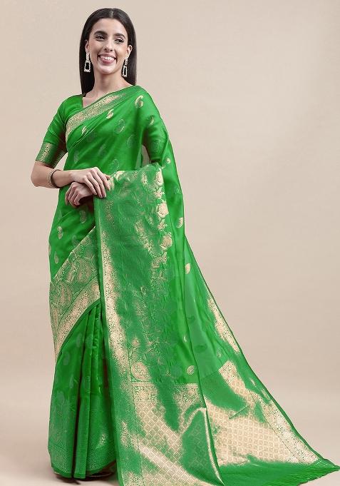 Green Embroidered Silk Saree Set