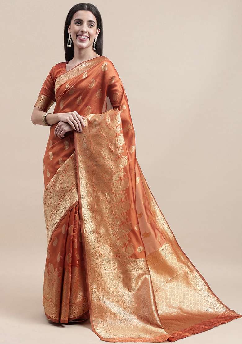 Orange Embroidered Silk Blend Saree Set - Indya