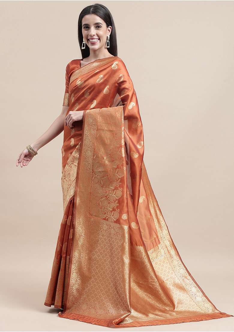 Orange Embroidered Silk Blend Saree Set - Indya