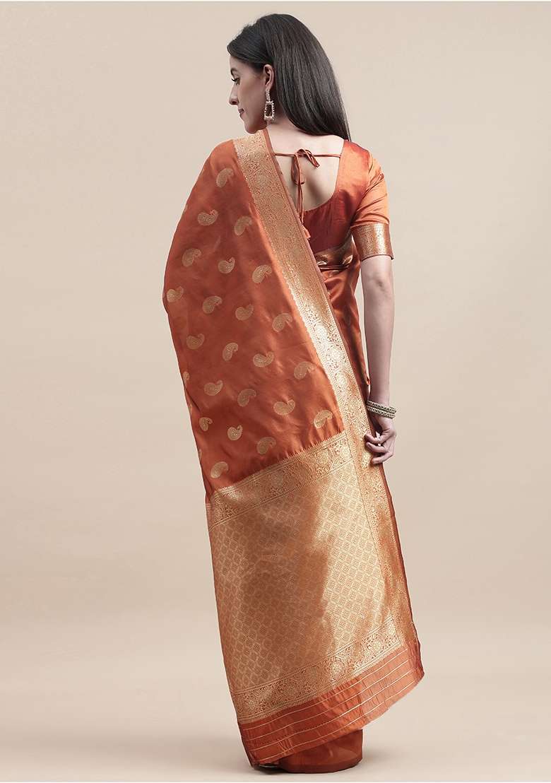 Orange Embroidered Silk Blend Saree Set - Indya