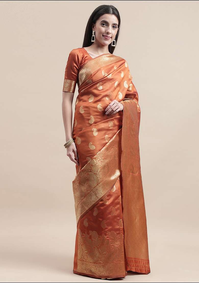 Orange Embroidered Silk Blend Saree Set - Indya