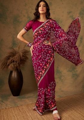 Purple Embroidered Oragnza Saree Set
