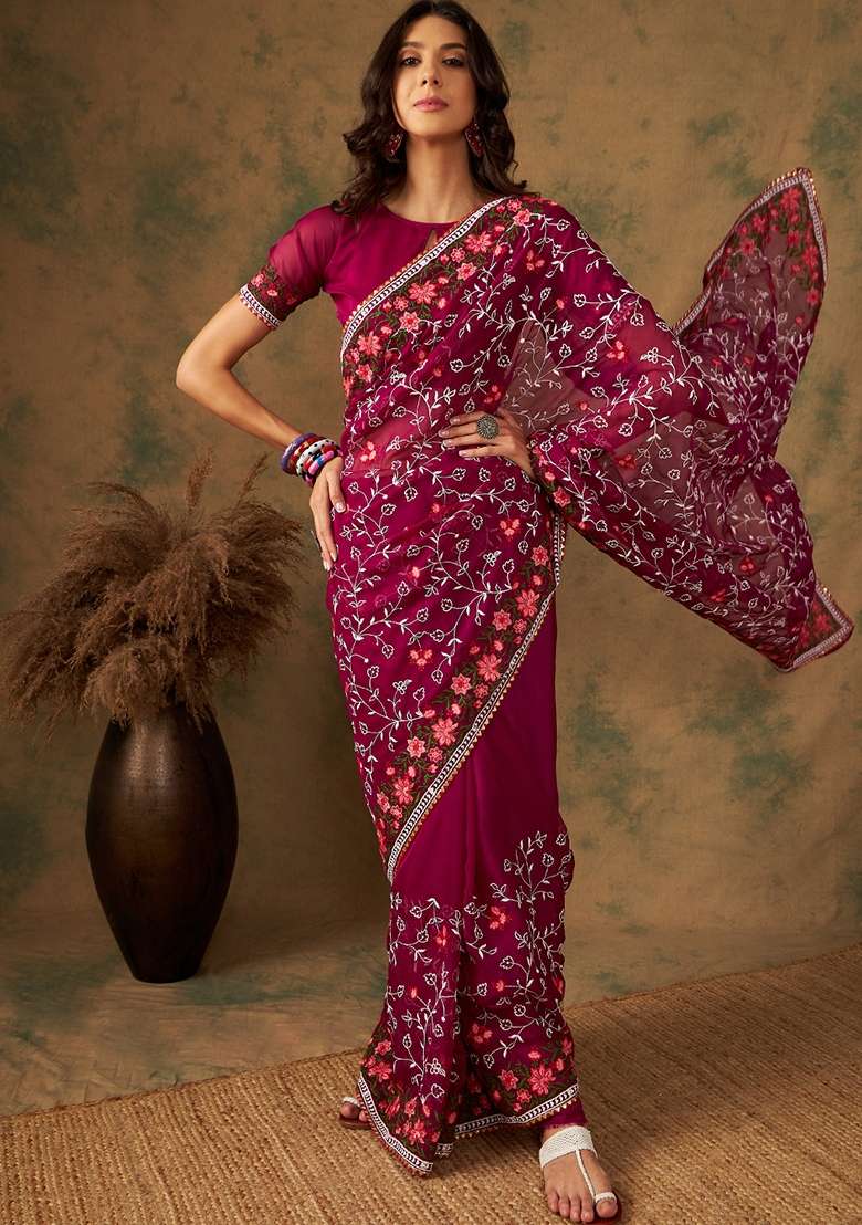 Purple Embroidered Oragnza Saree Set - Indya