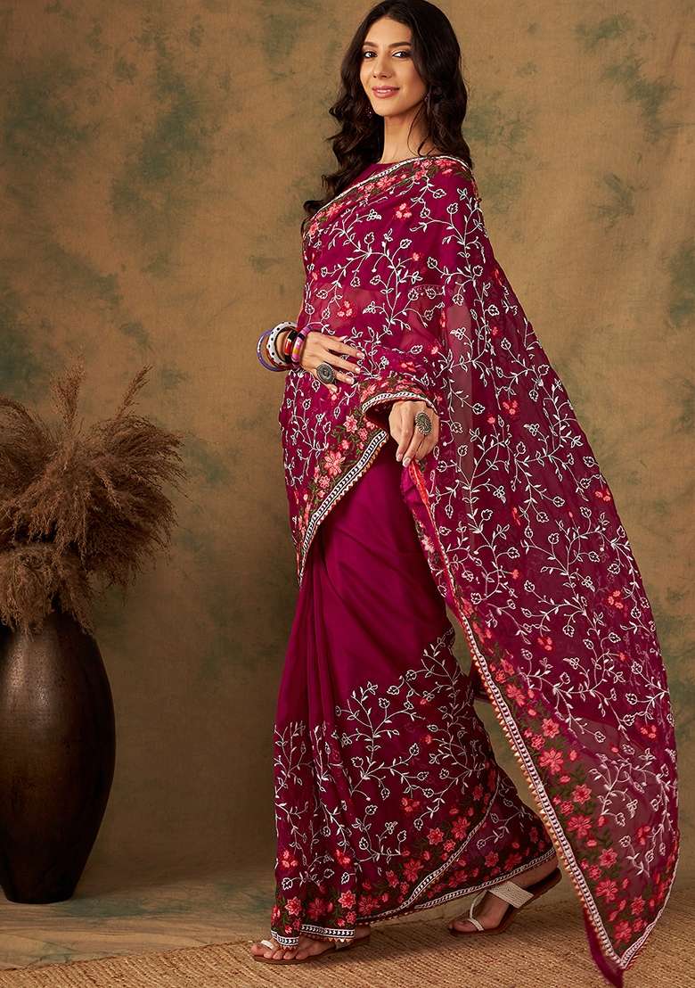 Purple Embroidered Oragnza Saree Set - Indya