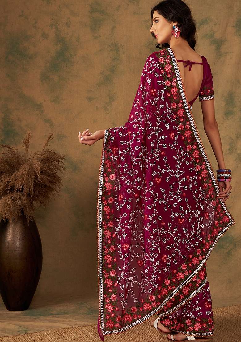 Purple Embroidered Oragnza Saree Set - Indya