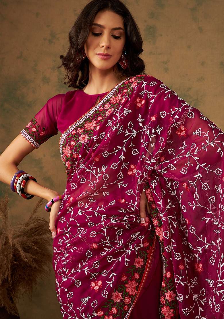 Purple Embroidered Oragnza Saree Set - Indya