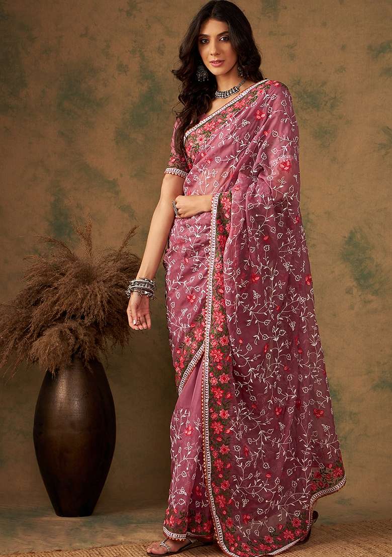 Peach Embroidered Oragnza Saree Set - Indya