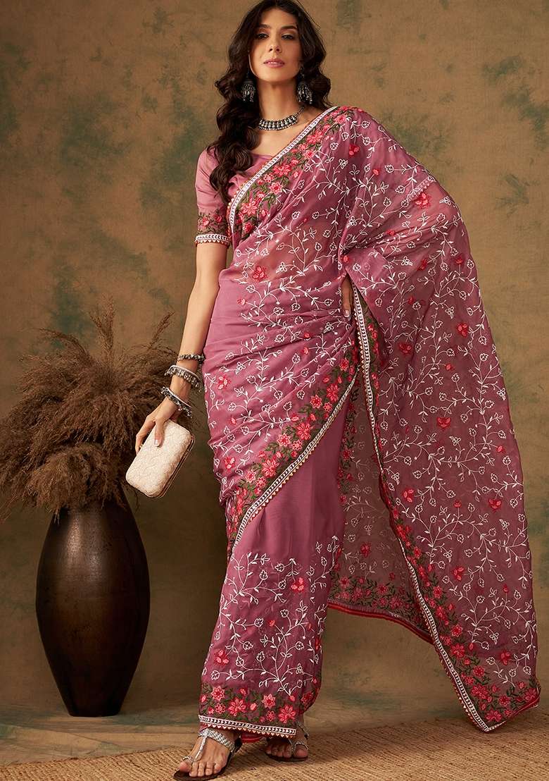 Peach Embroidered Oragnza Saree Set - Indya