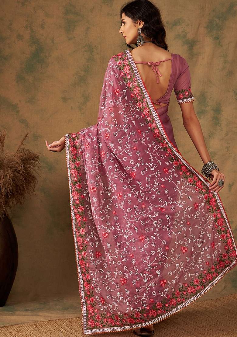 Peach Embroidered Oragnza Saree Set - Indya