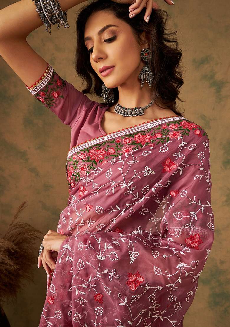 Peach Embroidered Oragnza Saree Set - Indya
