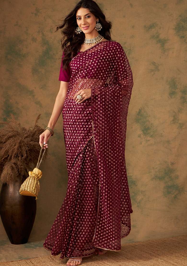 Wine Embroidered Heavy Net Saree Set - Indya