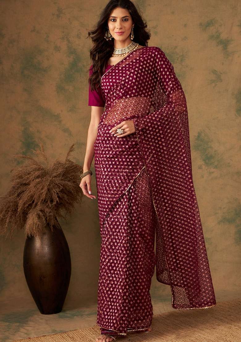 Wine Embroidered Heavy Net Saree Set - Indya