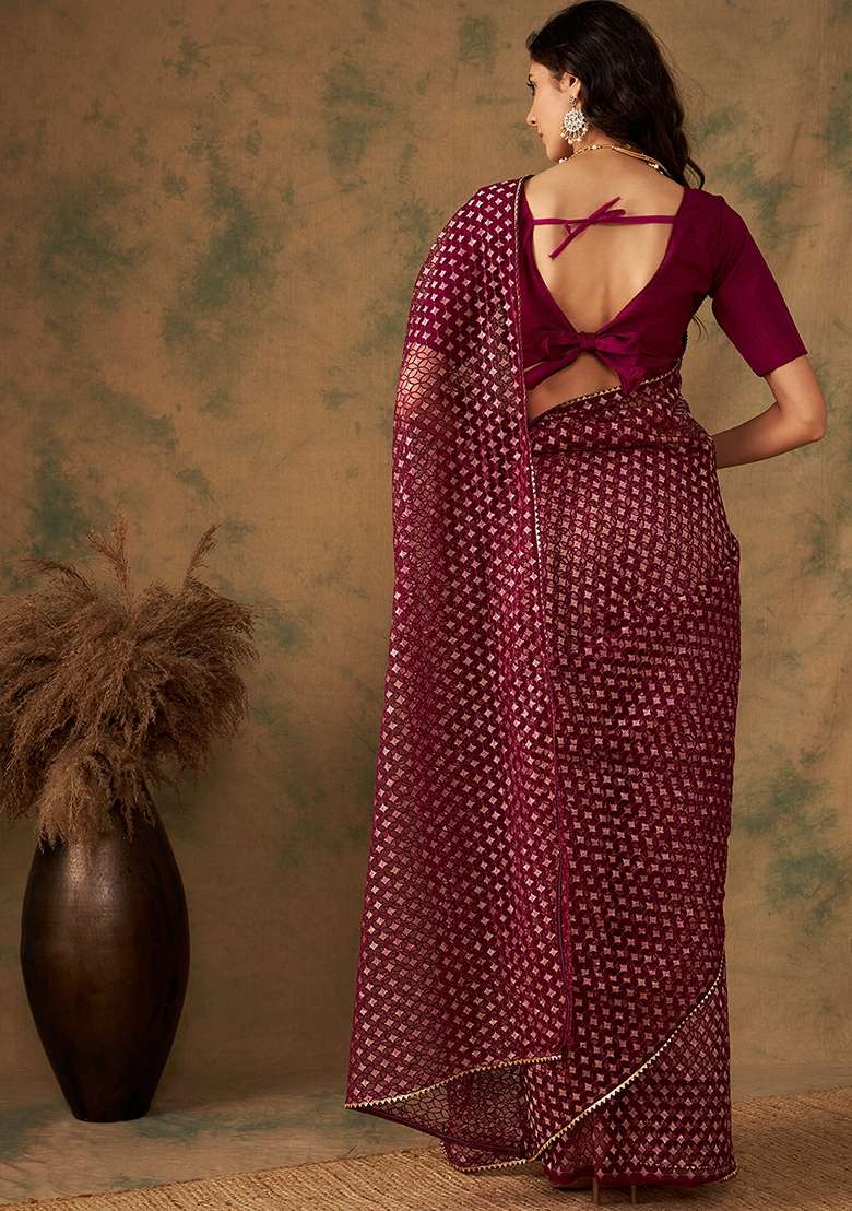 Wine Embroidered Heavy Net Saree Set - Indya