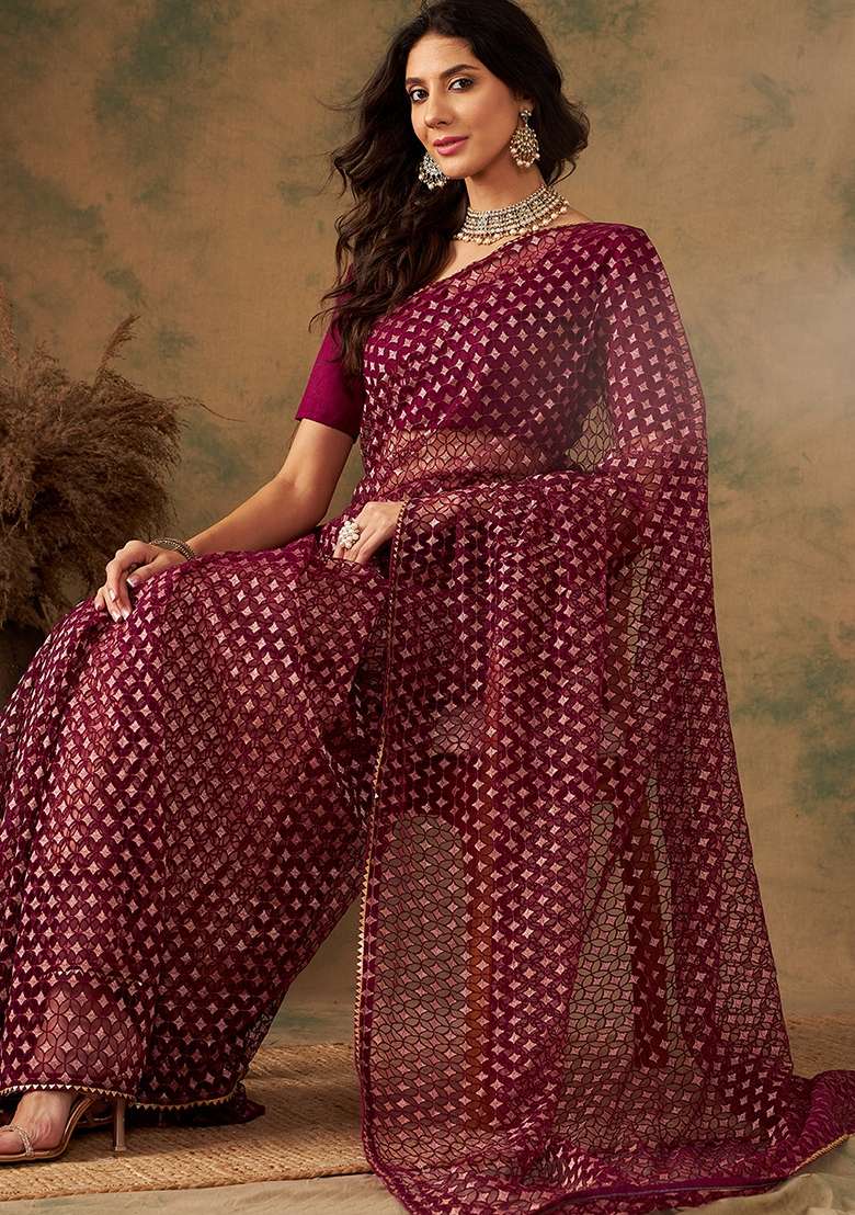 Wine Embroidered Heavy Net Saree Set - Indya