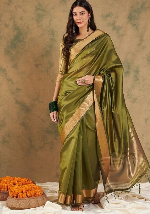 Green Embroidered Cotton Blend Saree Set