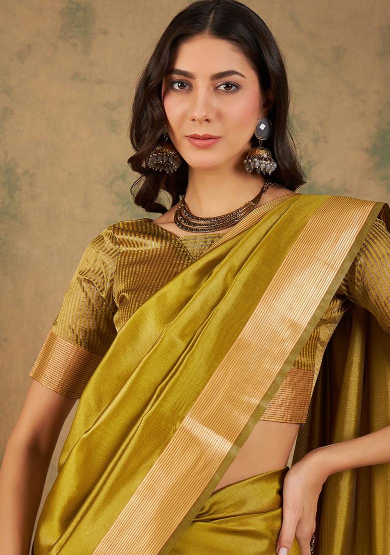 Lime Embroidered Cotton Blend Saree Set