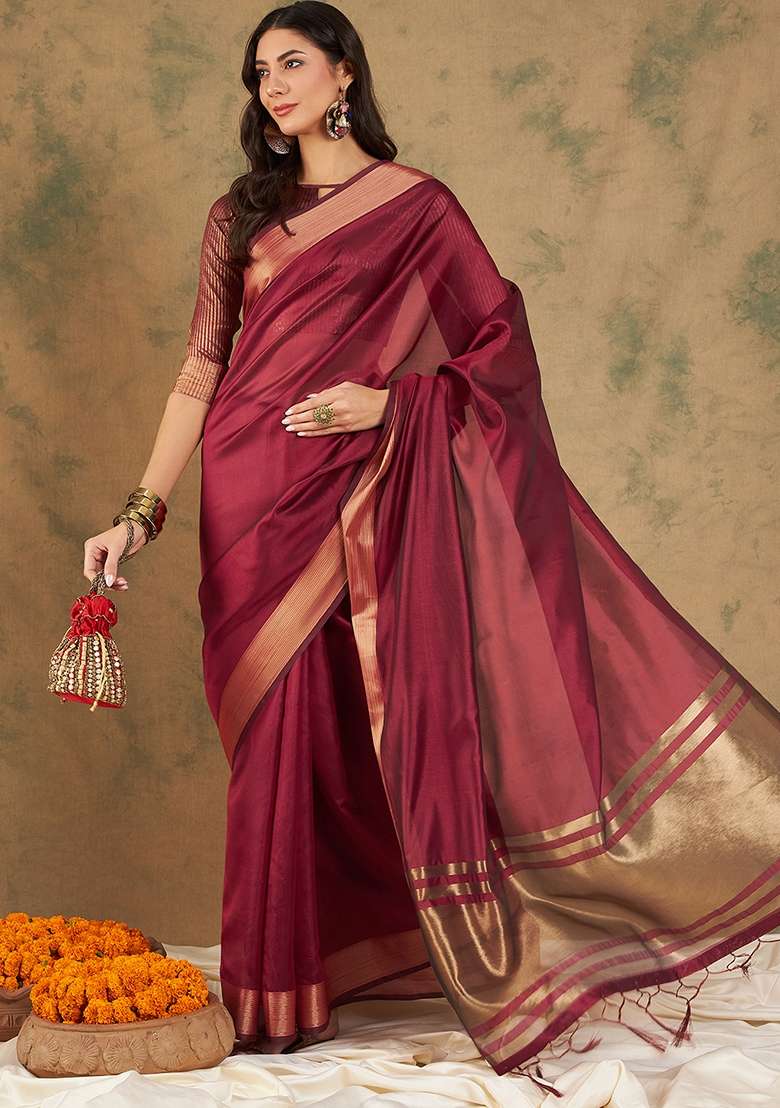 Maroon Blend Cotton Saree Set with Embroidered for Diwali | Wedding & Festive Wear - Indya