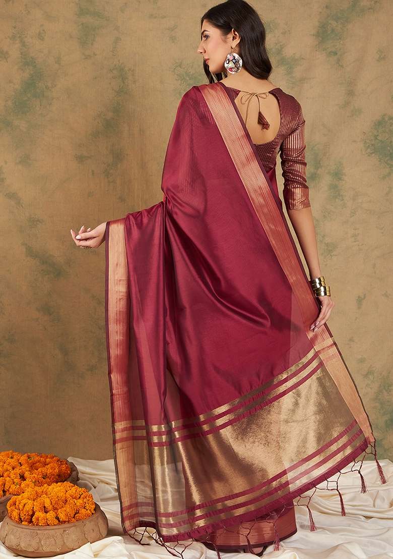 Maroon Blend Cotton Saree Set with Embroidered for Diwali | Wedding & Festive Wear - Indya