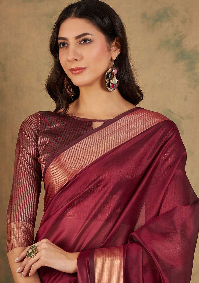 Maroon Blend Cotton Saree Set with Embroidered for Diwali | Wedding & Festive Wear - Indya