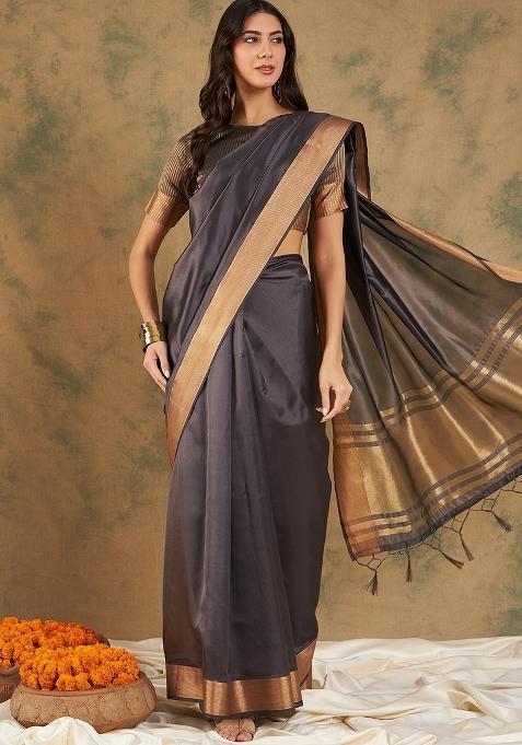 Navyblue Embroidered Cotton Blend Saree Set
