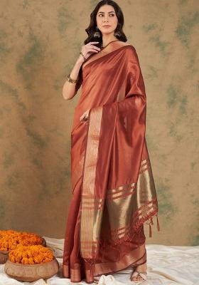 Rust Embroidered Cotton Blend Saree Set