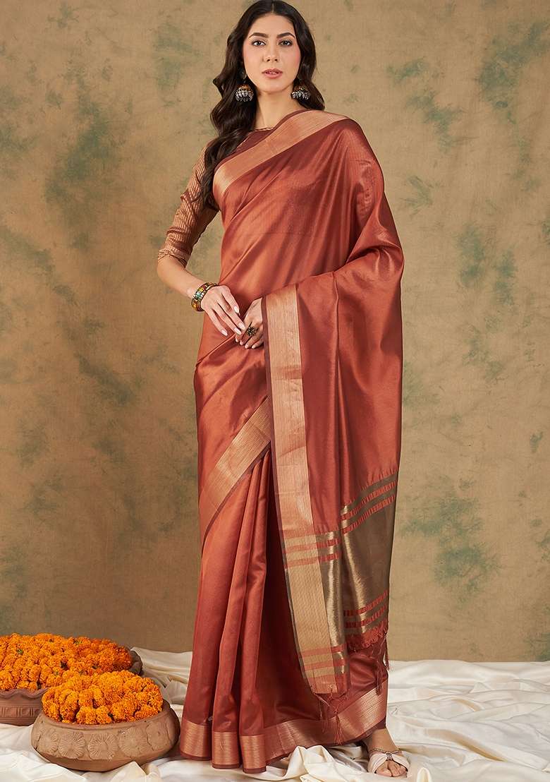 Rust Blend Cotton Saree Set with Embroidered for Diwali | Wedding & Festive Wear - Indya