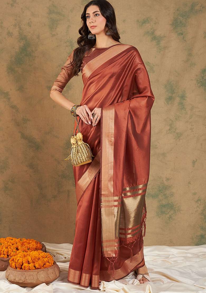 Rust Blend Cotton Saree Set with Embroidered for Diwali | Wedding & Festive Wear - Indya