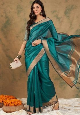 Teal Embroidered Cotton Blend Saree Set