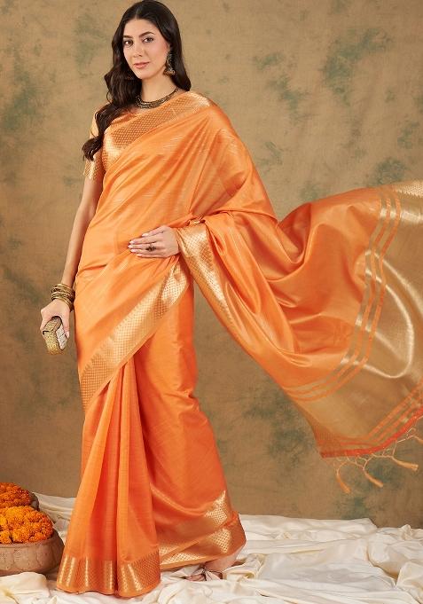 Orange Embroidered Cotton Blend Saree Set