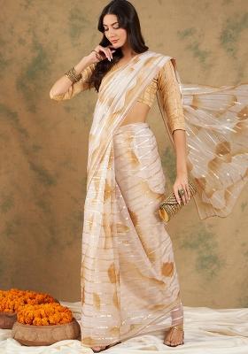 Beige Embroidered Oragnza Saree Set