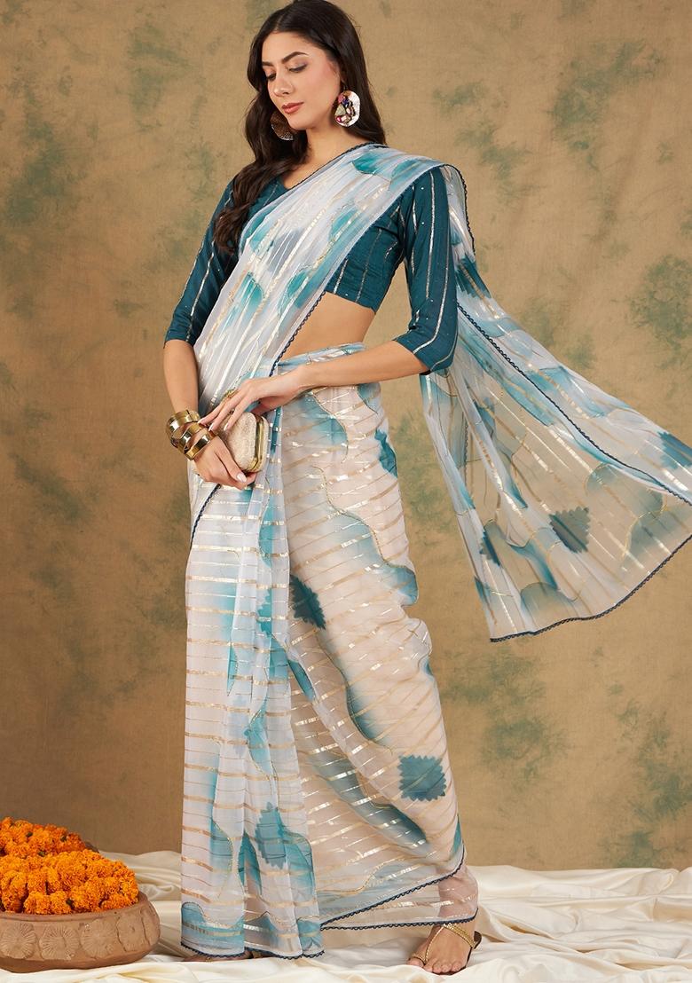 Blue Embroidered Oragnza Saree Set - Indya