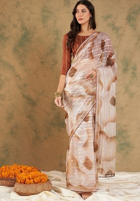 Coffee Embroidered Oragnza Saree Set