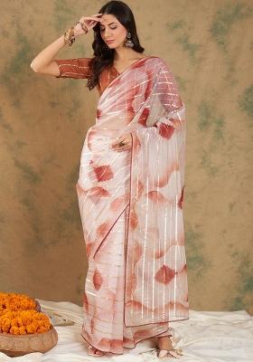 Rust Embroidered Oragnza Saree Set