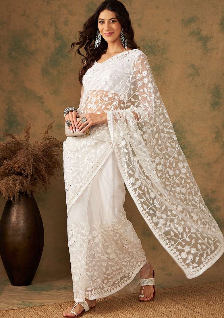 White Embroidered Net Saree Set for Diwali and Festive Wear - Indya