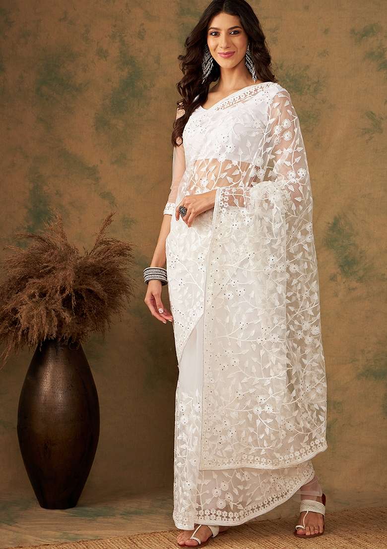 White Embroidered Net Saree Set for Diwali and Festive Wear - Indya