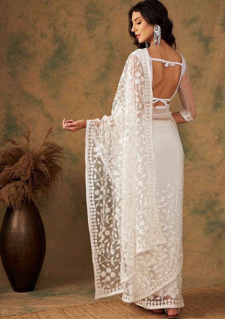 White Embroidered Net Saree Set for Diwali and Festive Wear - Indya
