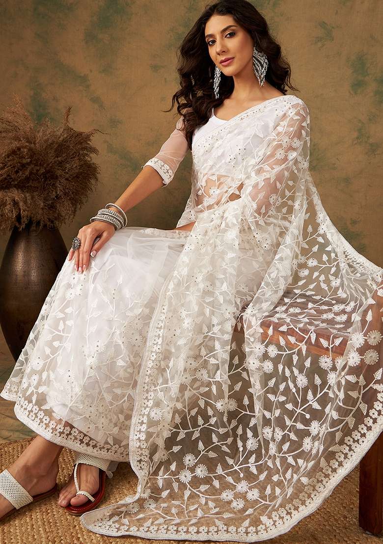 White Embroidered Net Saree Set for Diwali and Festive Wear - Indya