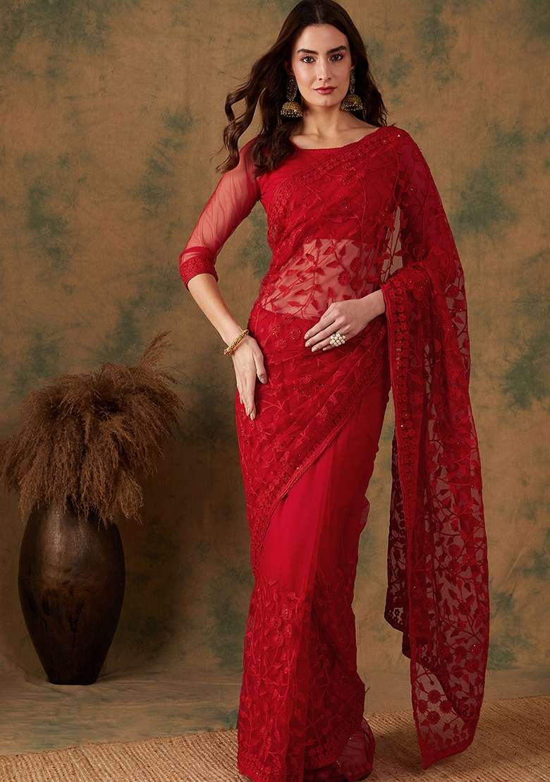 Red Net Saree Set with Embroidered for Diwali | Wedding & Festive Wear - Indya