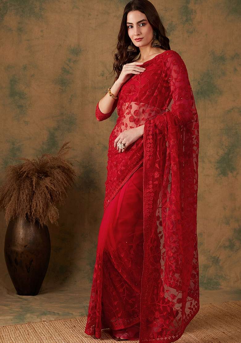 Red Net Saree Set with Embroidered for Diwali | Wedding & Festive Wear - Indya