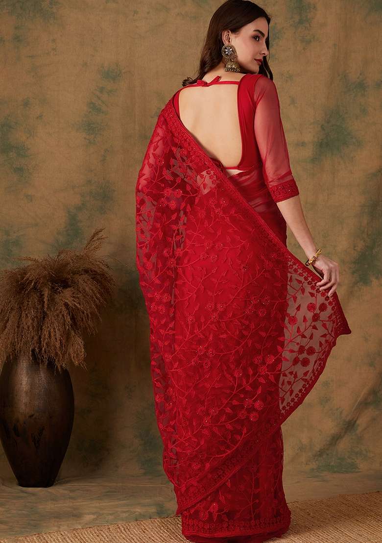Red Net Saree Set with Embroidered for Diwali | Wedding & Festive Wear - Indya