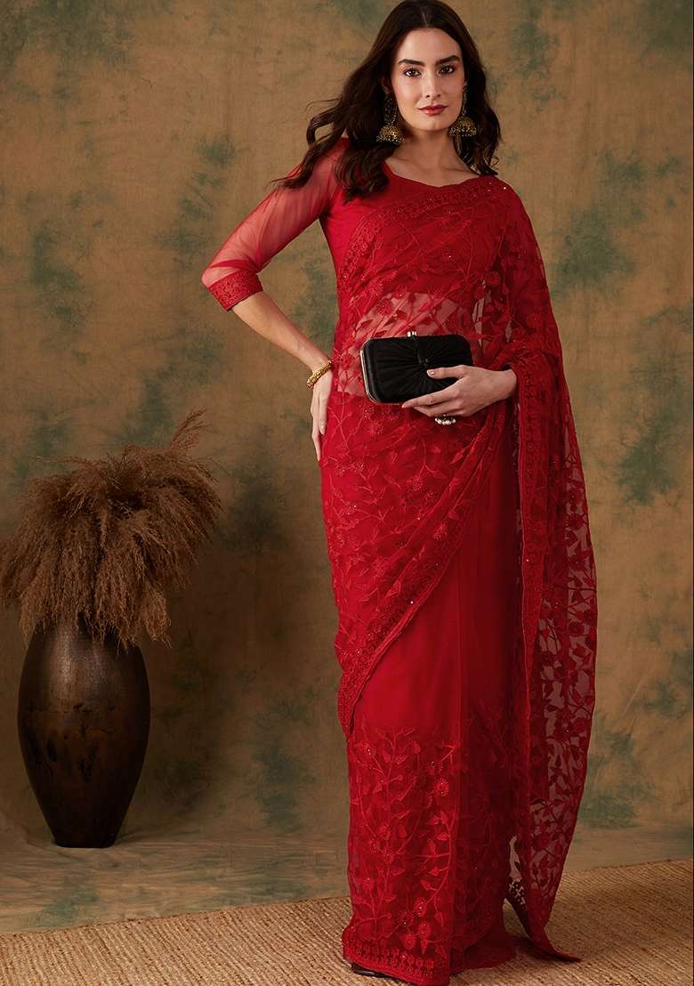 Red Net Saree Set with Embroidered for Diwali | Wedding & Festive Wear - Indya