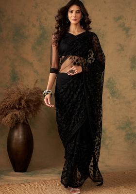Black Embroidered Net Saree Set