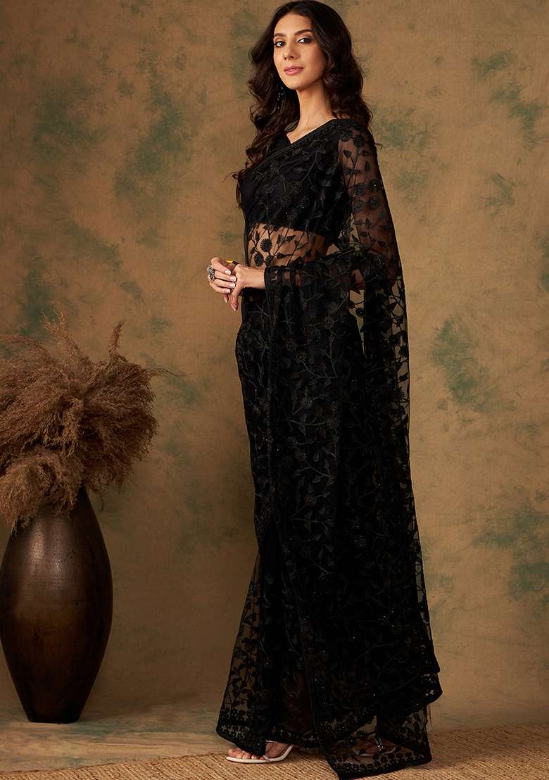 Black Net Saree Set with Embroidered for Diwali | Wedding & Festive Wear - Indya