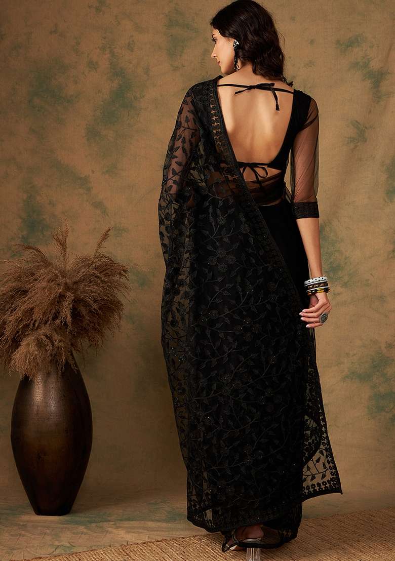 Black Net Saree Set with Embroidered for Diwali | Wedding & Festive Wear - Indya