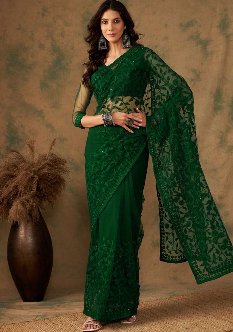 Olive Net Saree Set with Embroidered for Diwali | Wedding & Festive Wear - Indya