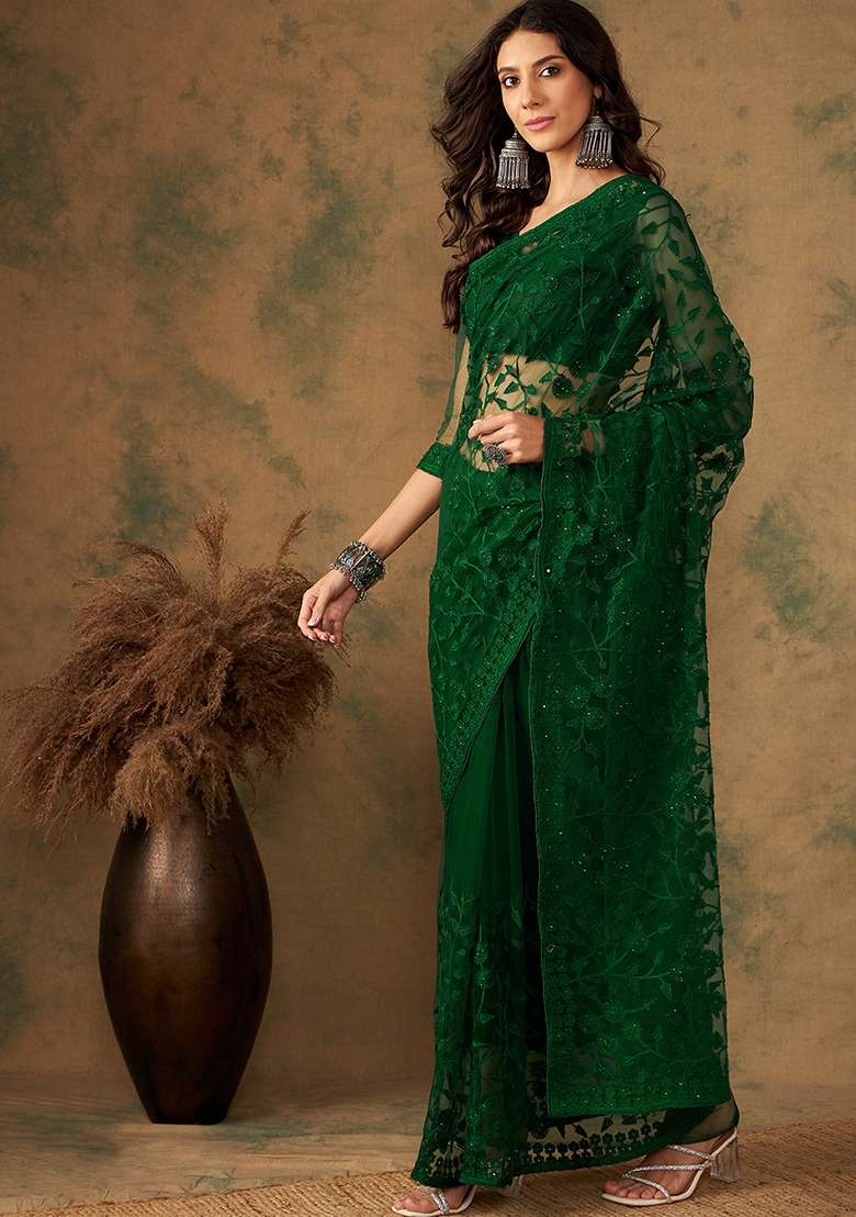 Olive Net Saree Set with Embroidered for Diwali | Wedding & Festive Wear - Indya